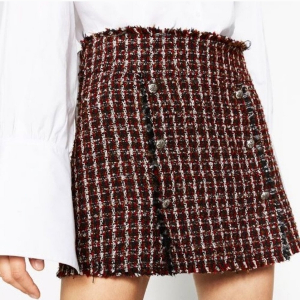 Zara Red and Black Tweed Mini Skirt M